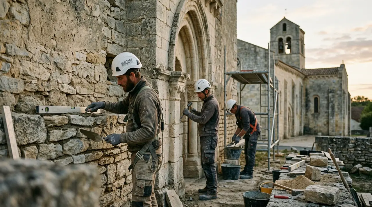 Équipe technique de bénévoles examinant les maçonneries romanes de Saint-Hilaire
