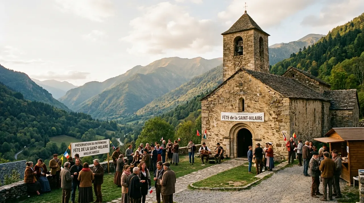 Rassemblement des membres de l'association devant l'église Saint-Hilaire de Norgeat