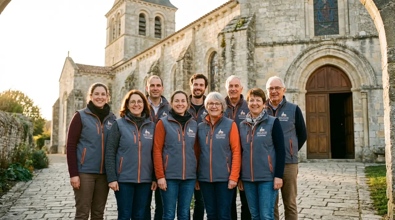 Portrait des responsables et bénévoles actifs devant l'église de Norgeat