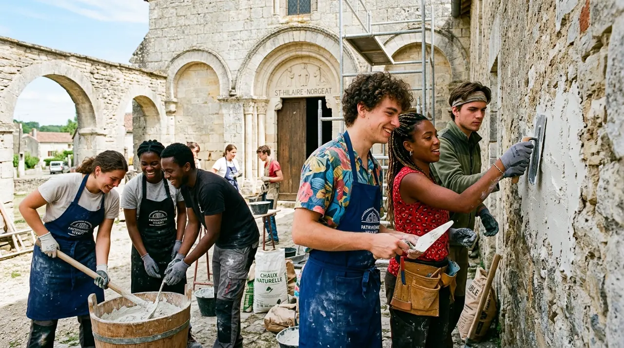 Jeunes apprentis et bénévoles s'initiant aux techniques de maçonnerie patrimoniale à l'église Saint-Hilaire